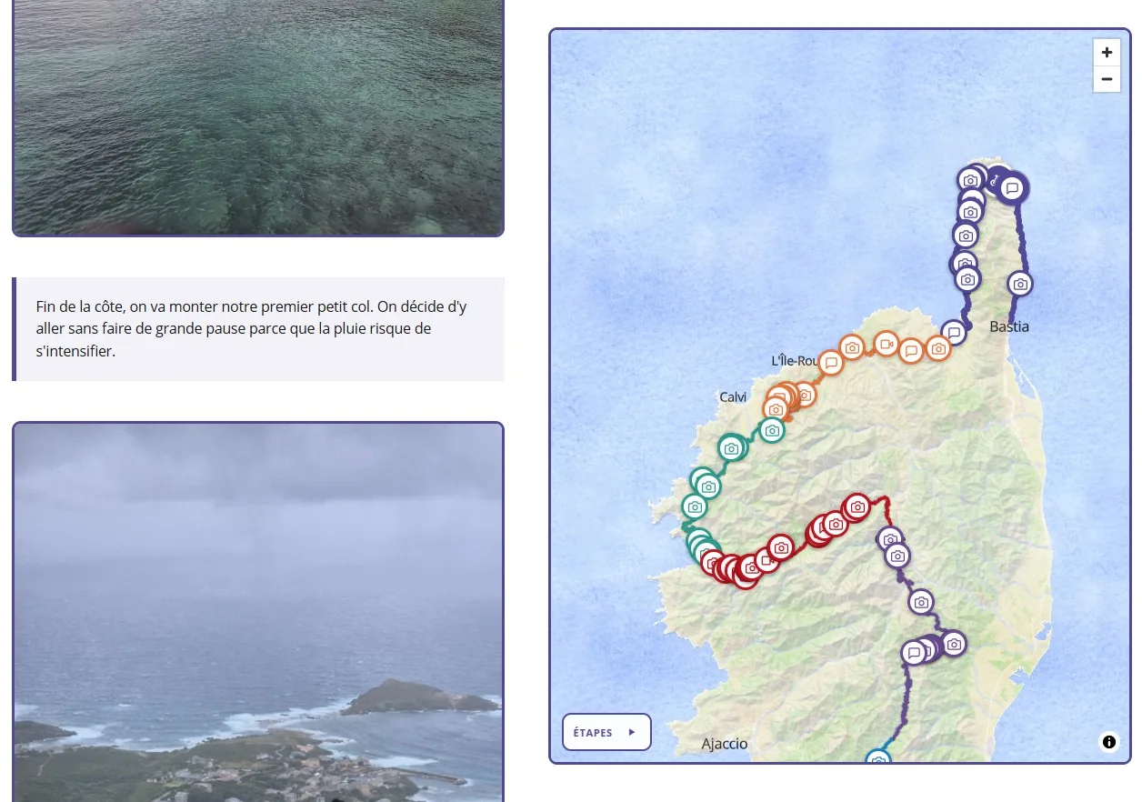 Une page Mapito : les photos et le texte qui défilent dans la colonne du récit, et à côté le tracé complet sur la carte, semé des marqueurs de chaque contenu.